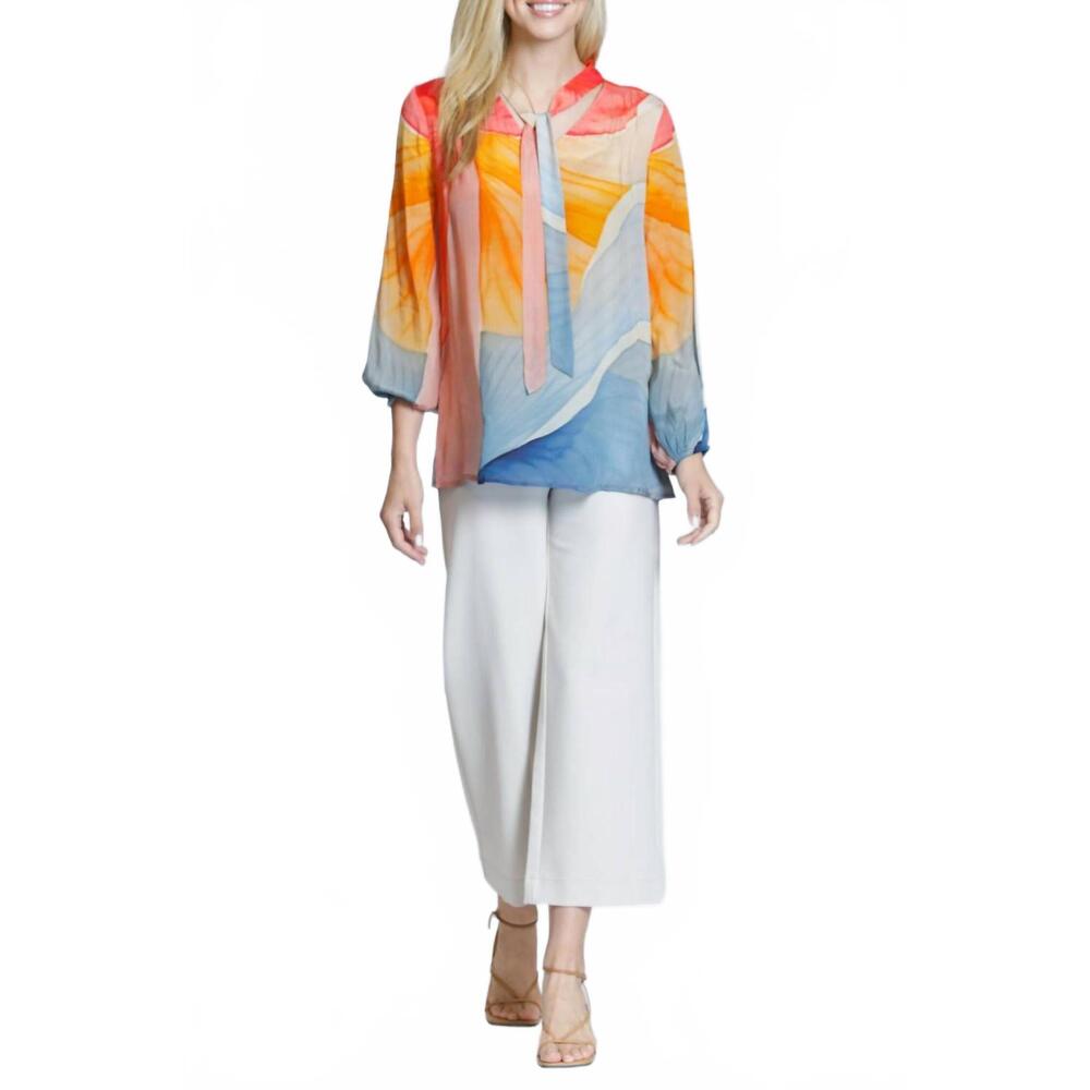 NEW APNY long sleeve tie-neck blouse in multicolor